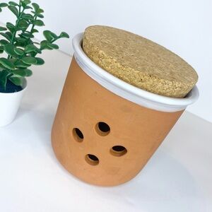 Vintage Terracotta Kitchen Garlic Holder with Cork Lid White Glazed Rim Taiwan
